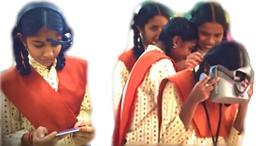 Girls using brain alpha wave reader and virtual reality headset Girls using brain alpha wave reader and virtual reality headset